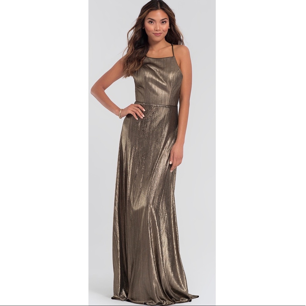 OPEN-BACK KLEINFELD LONG METALLIC BRIDESMAID DRESS
